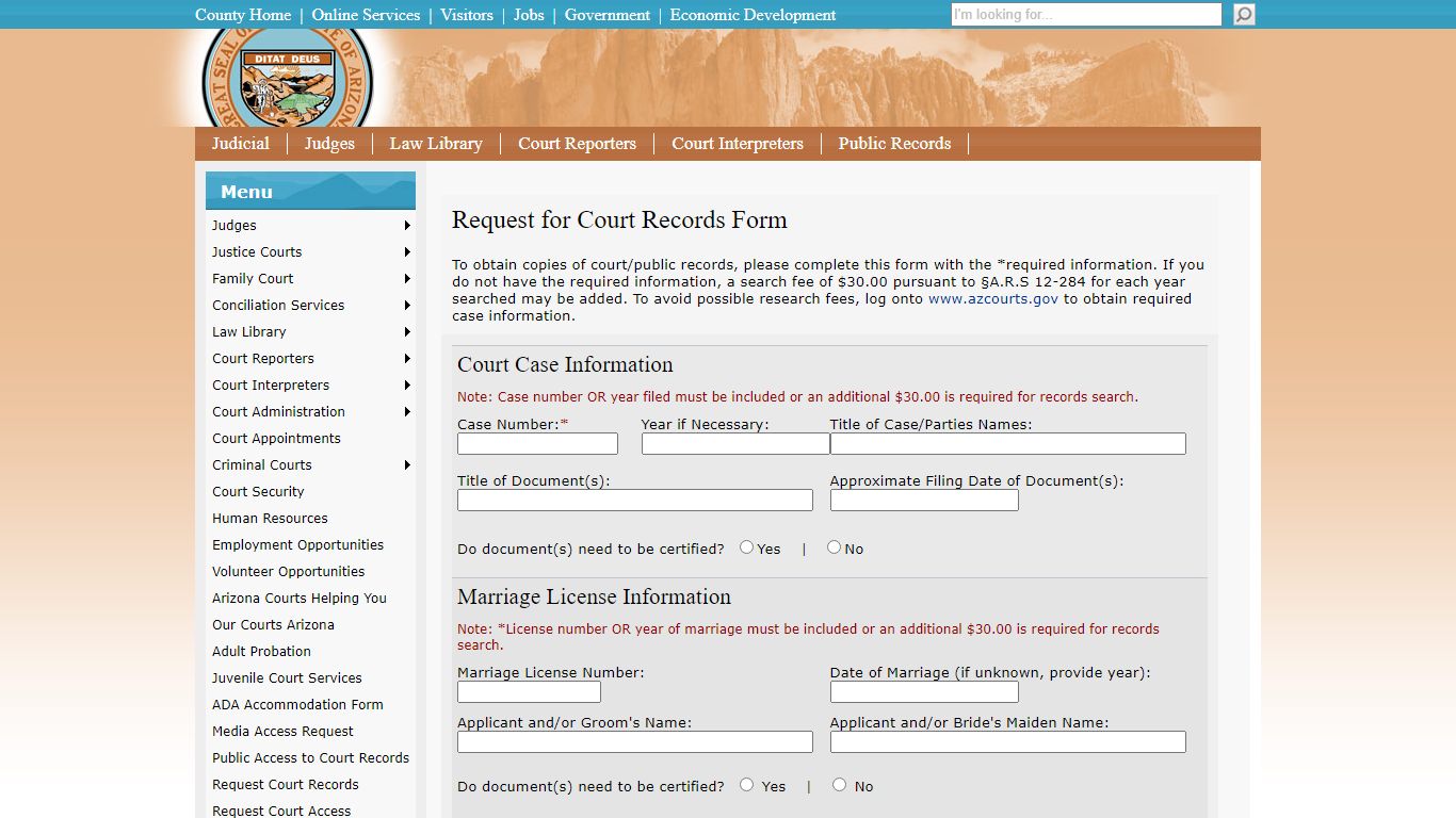 Request Court Records - Pinal County, Arizona